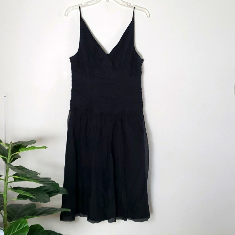 Ann Klein black dress, silk, ruched, below knee dress. Women's Size 12.